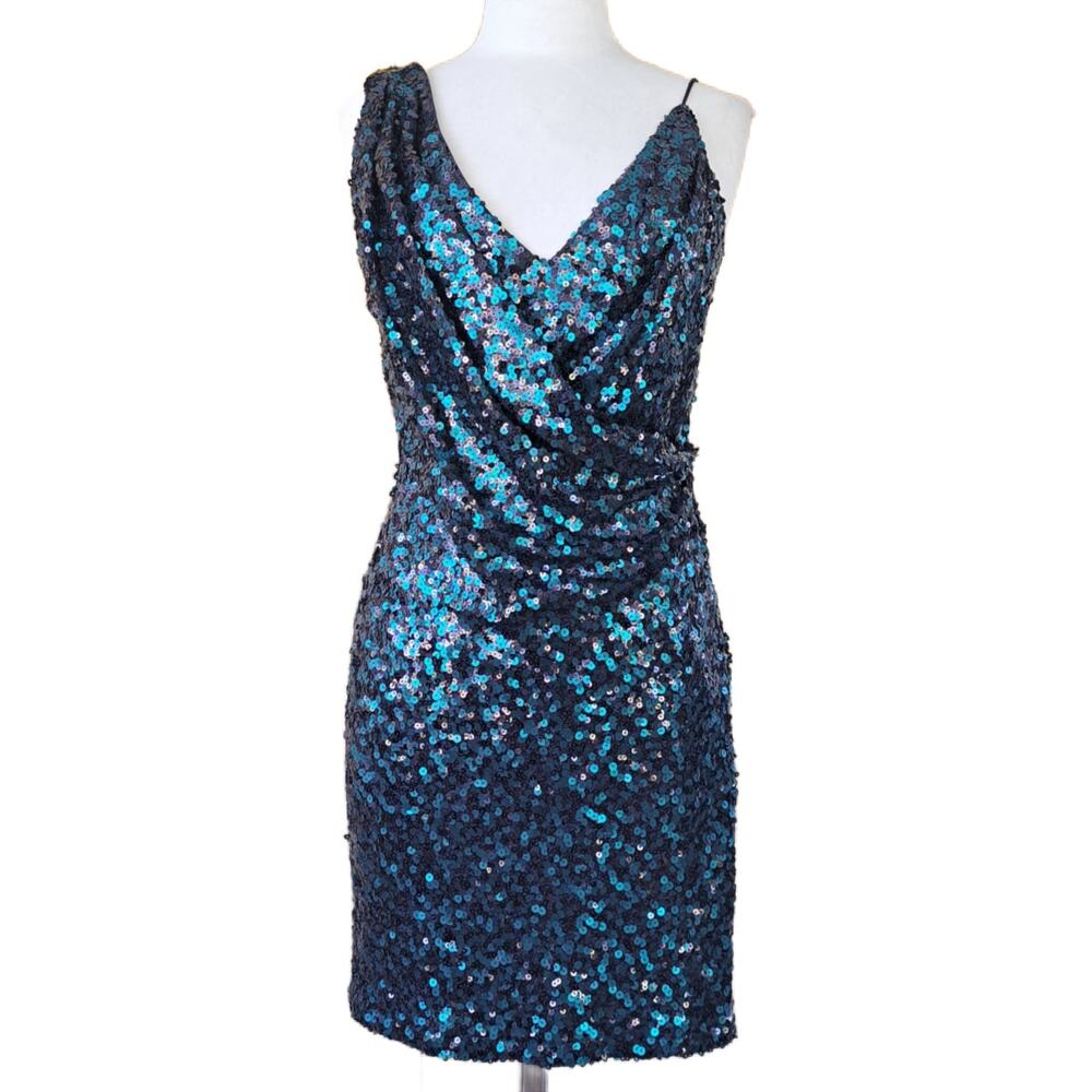 BADGLEY MISCHKA Asymmetric Sequin Cocktail Mini Dress Size 8 Blue Teal Green